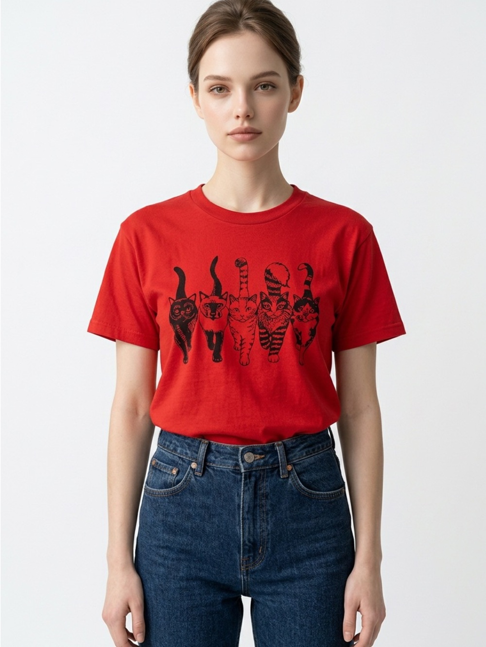 Vintage Jerzees Red Cat‎ Graphic T-Shirt Womens Medium Made in USA 90s
